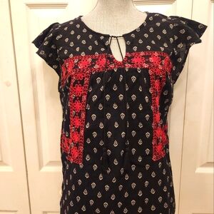 Old Navy Black And White  Peasant Top with Red Embroidery